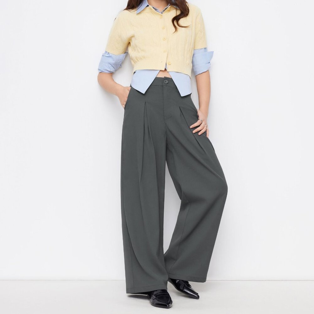 NWT CIDER Cropped & Pleated Wide Leg Grey Business Trousers